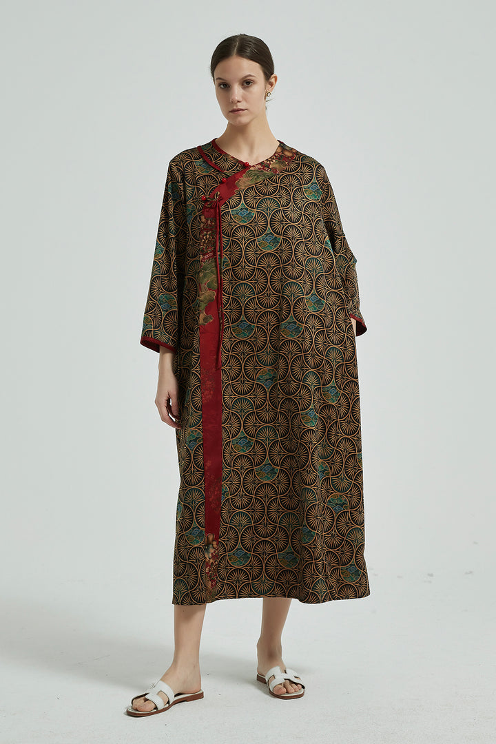 Vestido maxi vintage de seda com botões e patchwork floral café