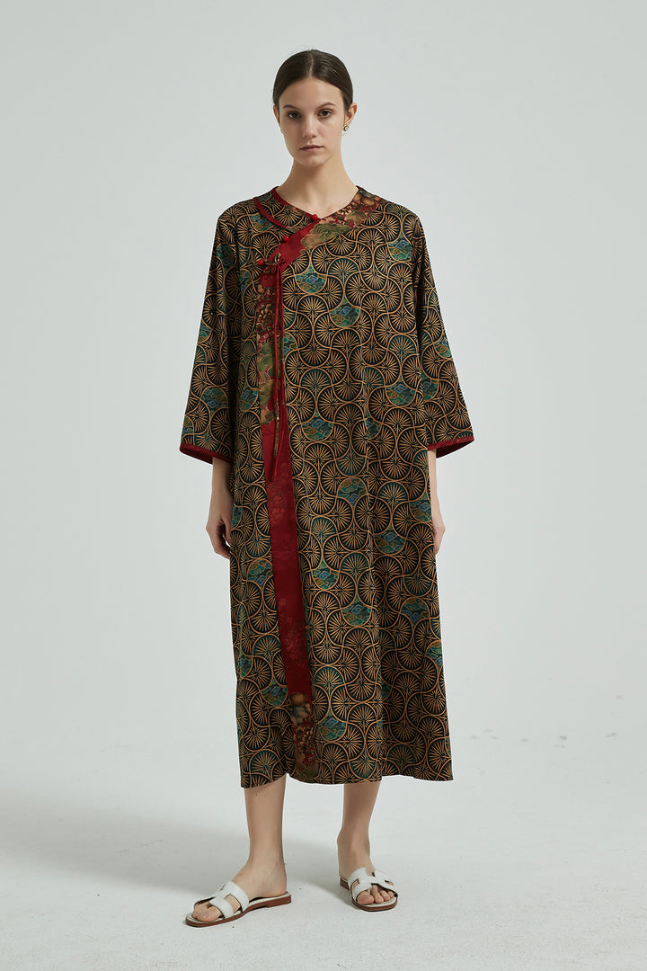 Vestido maxi vintage de seda com botões e patchwork floral café