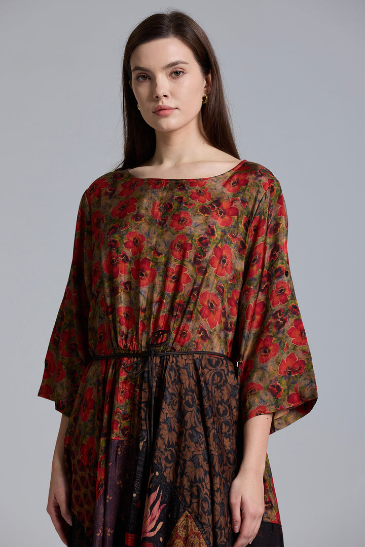 Ethnic Vintage Splice Flower Silk Dress