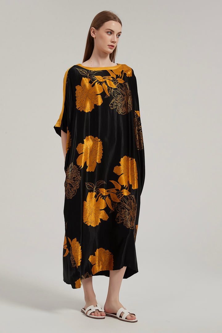 Big Flower Silk Casual Maxi Dress
