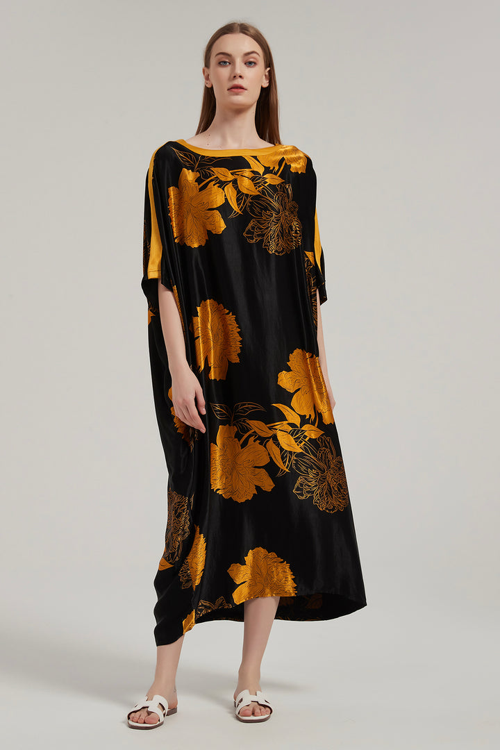 Big Flower Silk Casual Maxi Dress