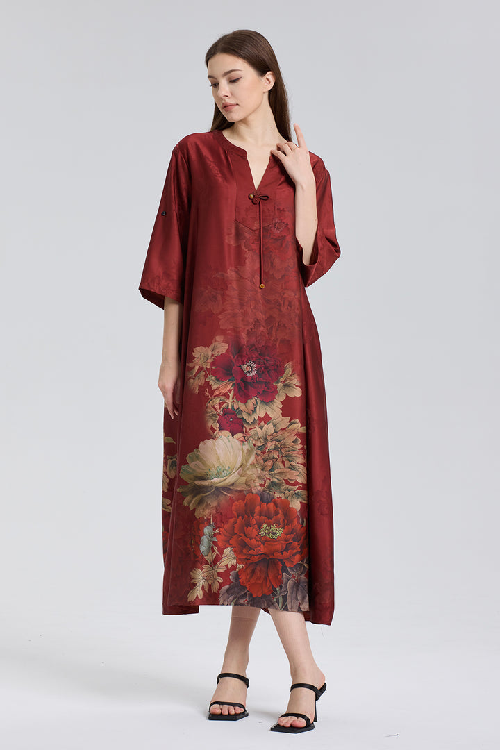 Eadie V-Neck Flower Design Retro Jacquard Dress