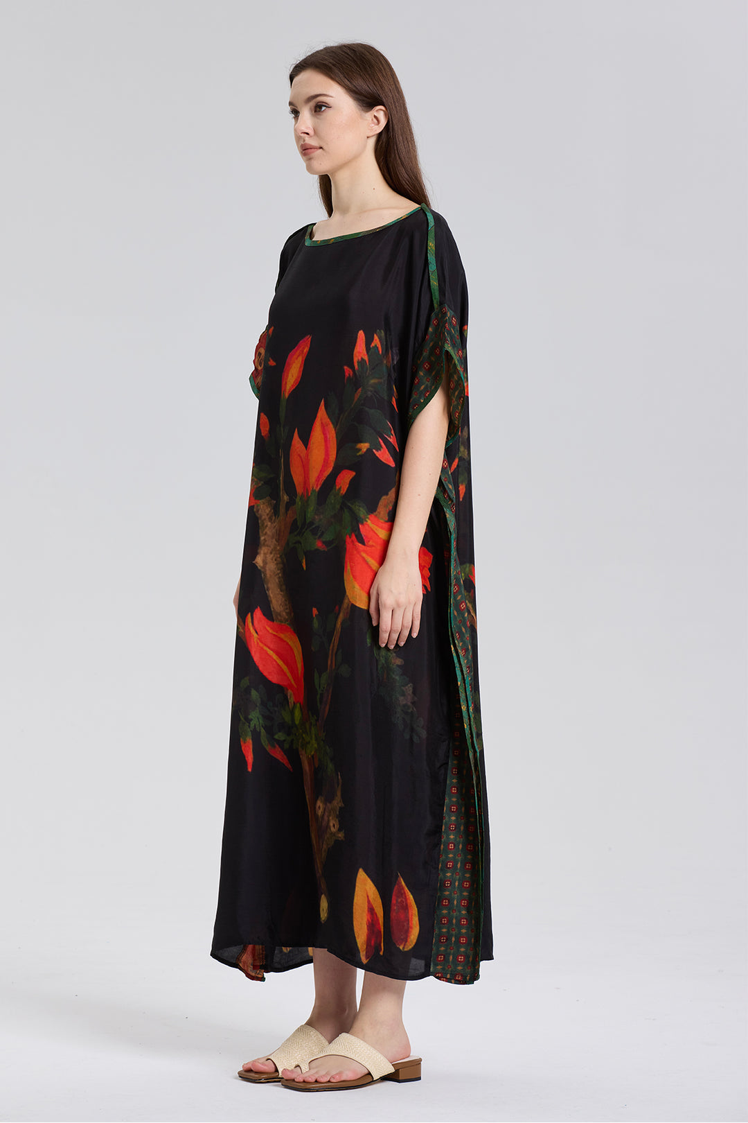 Flower Print Cozy Maxi Silk Dress