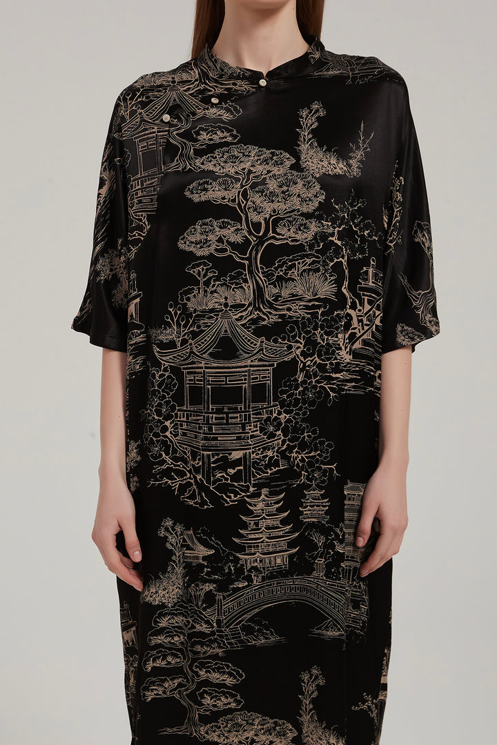 Fraya Elegant Landscape Print Dress