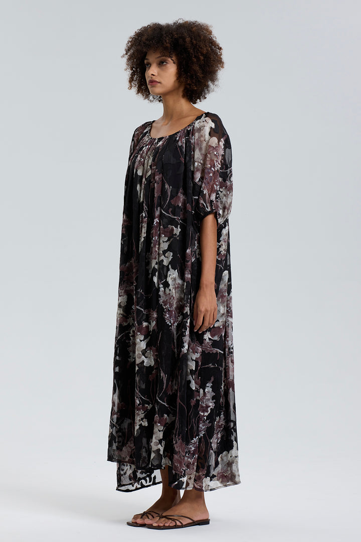 Salma Retro Flower Silk Maxi Dress
