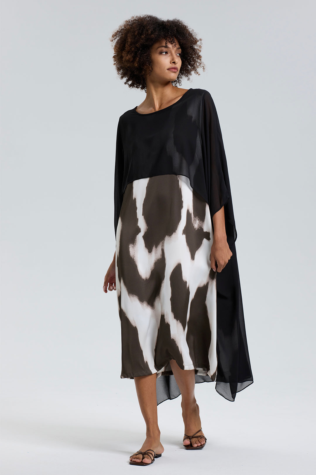 Mesh Splice Cozy Print Silk Dress