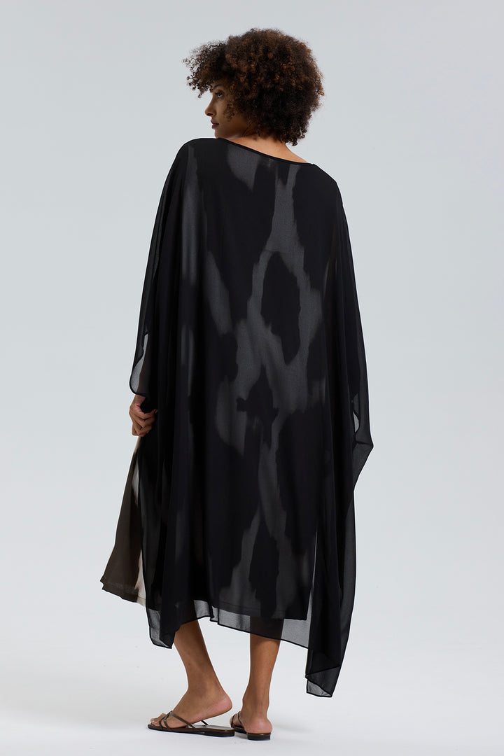 Mesh Splice Cozy Print Silk Dress