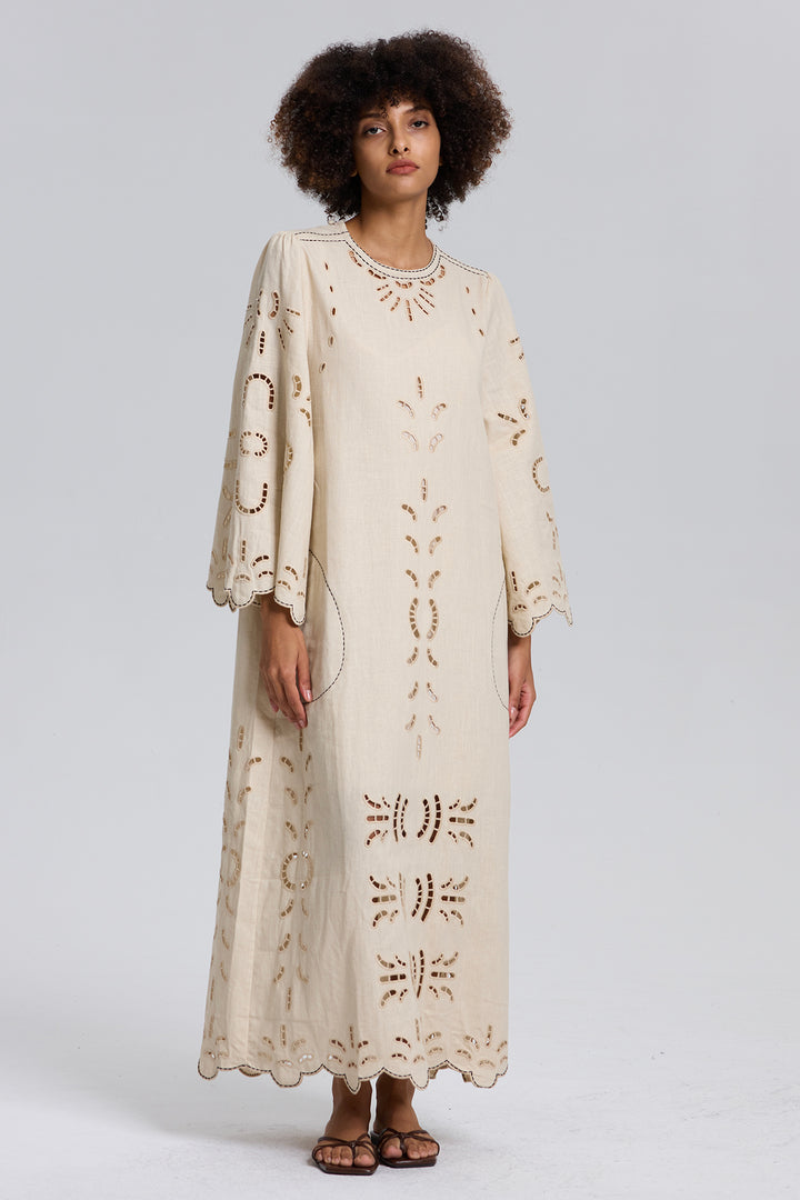 Una Flax Hollow Embroidery Maxi Dress