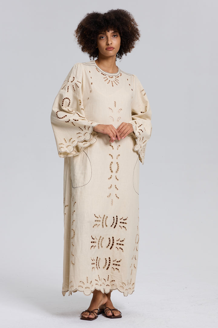 Una Flax Hollow Embroidery Maxi Dress