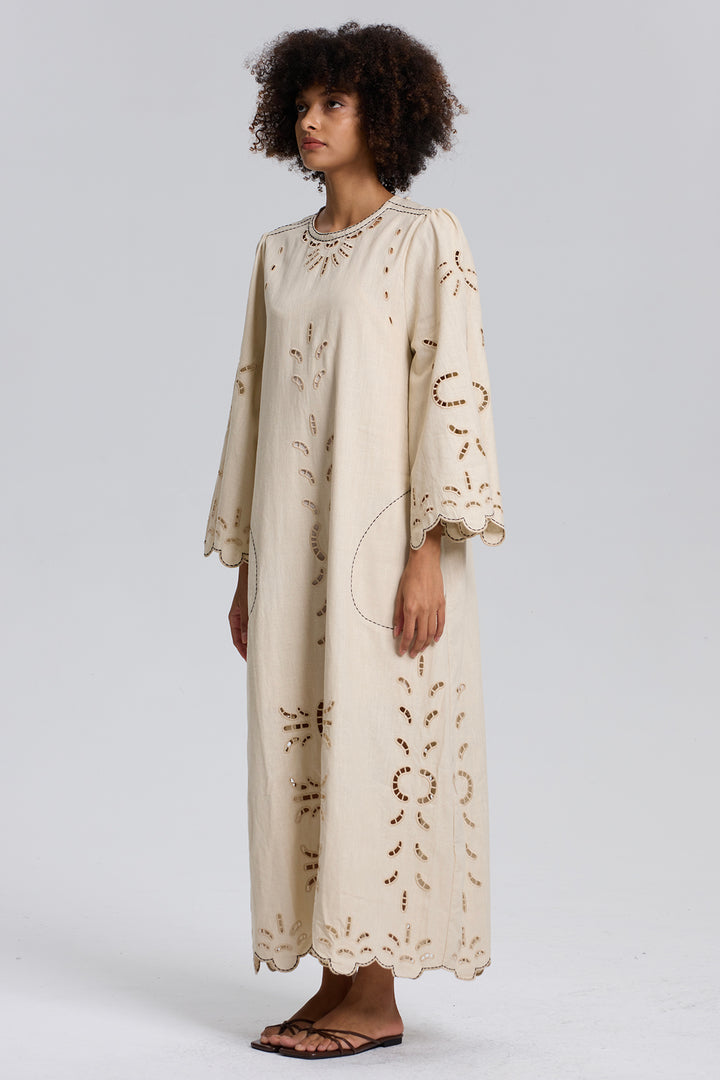 Una Flax Hollow Embroidery Maxi Dress