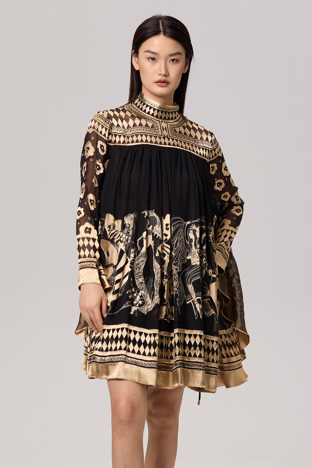 Saskia High-Neck Bawing Sleeve Silk Mini Dress