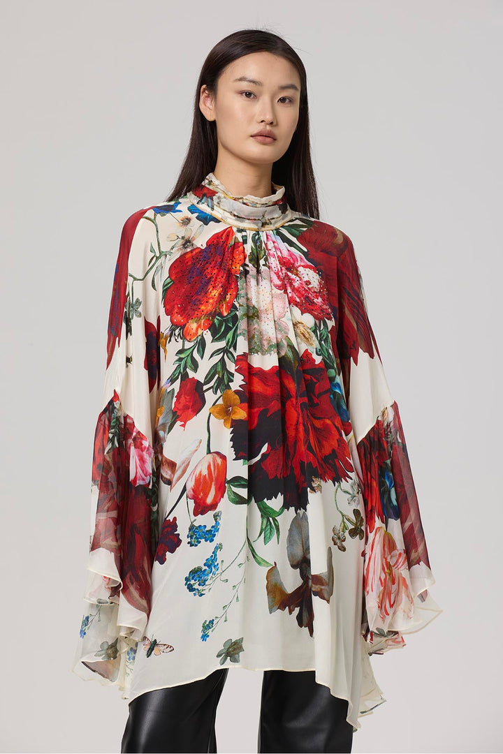 Baela Vintage Flower Print Batwing Sleeve Silk Top