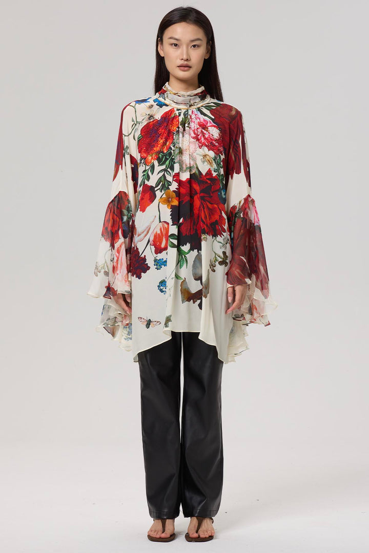 Baela Vintage Flower Print Batwing Sleeve Silk Top