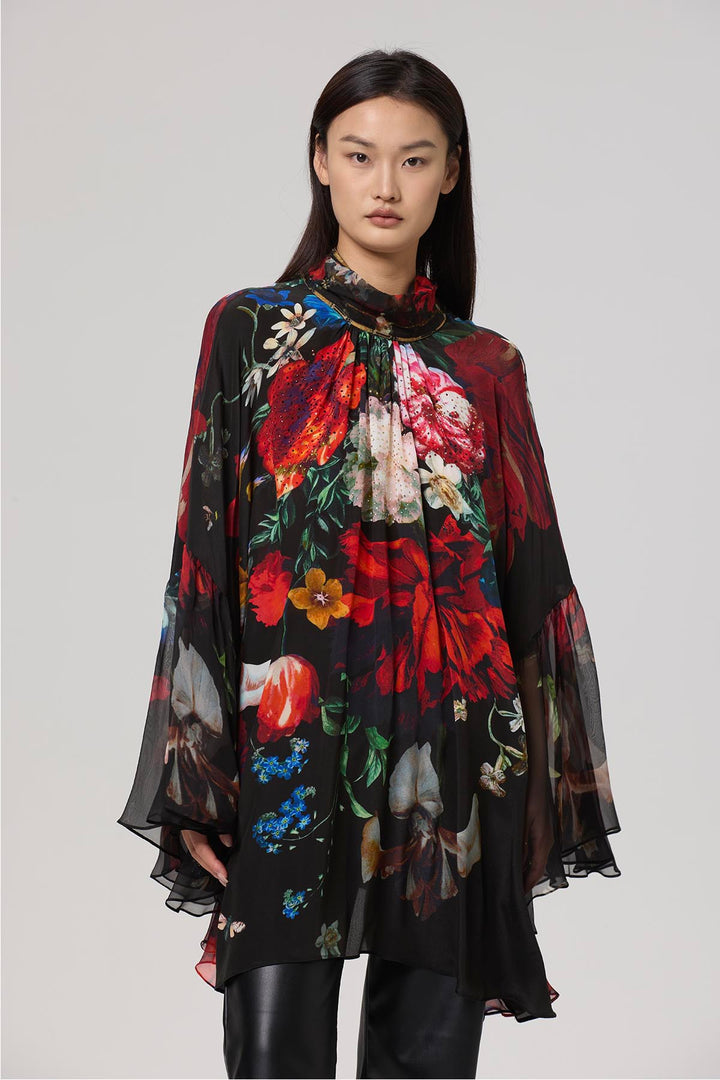 Baela Vintage Flower Print Batwing Sleeve Silk Top