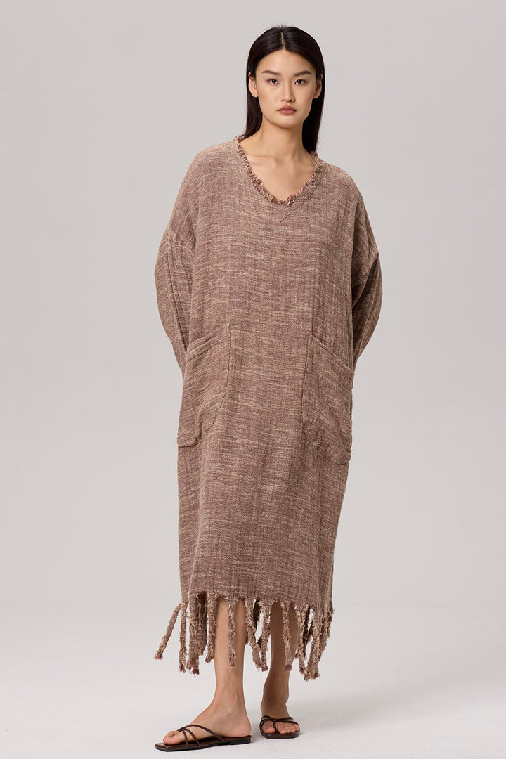 Gelina V-Neck Tassel Maxi Linen Dress