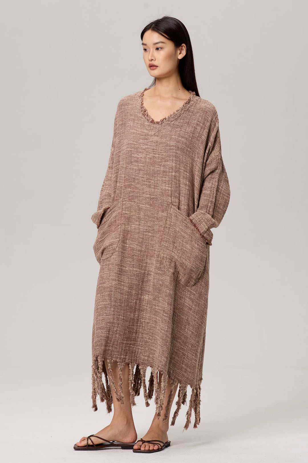 Gelina V-Neck Tassel Maxi Linen Dress