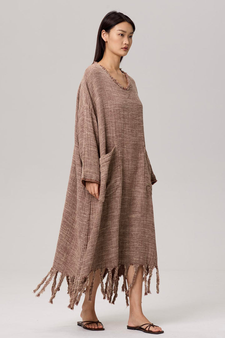 Gelina V-Neck Tassel Maxi Linen Dress