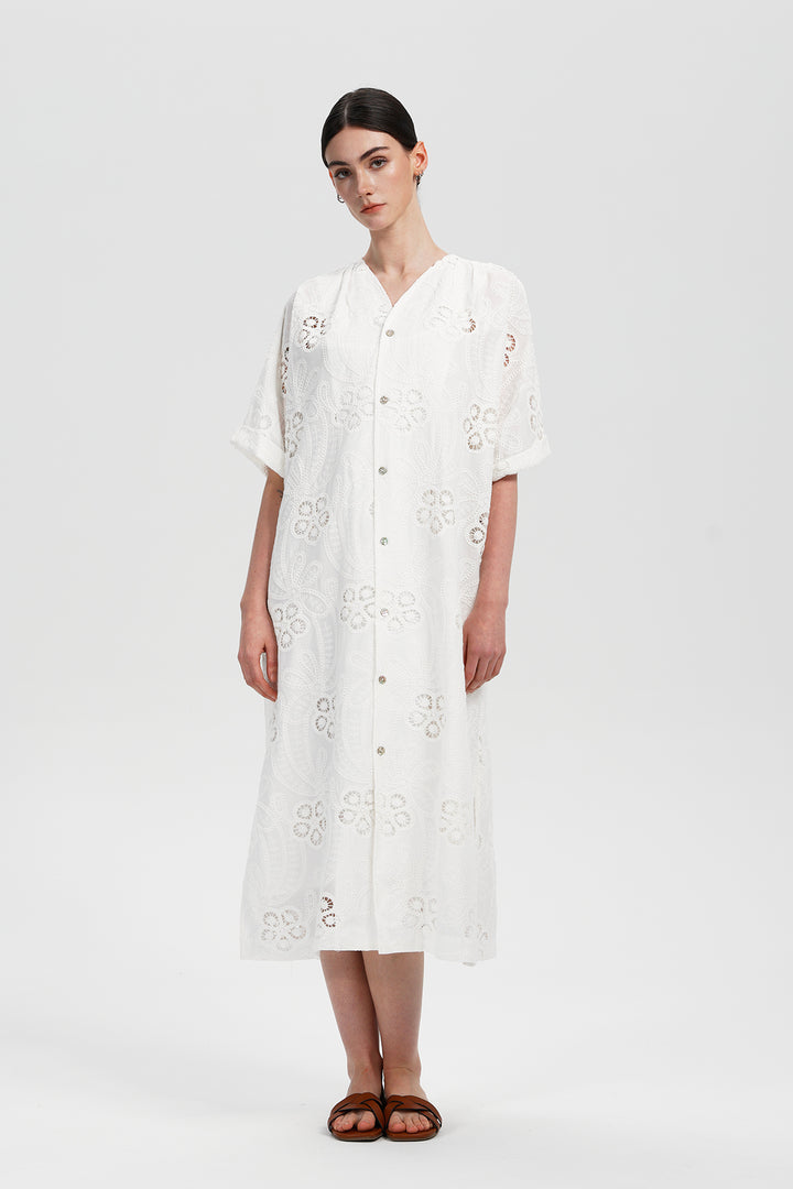 Celestia Lace Button-Down Midi Dress