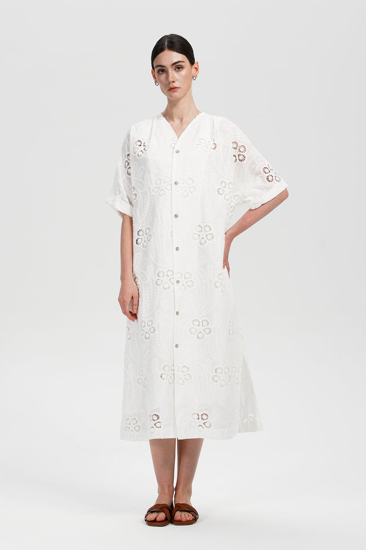 Celestia Lace Button-Down Midi Dress