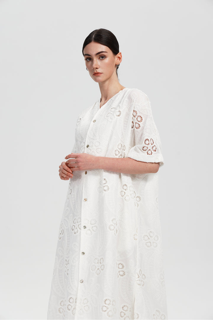 Celestia Lace Button-Down Midi Dress