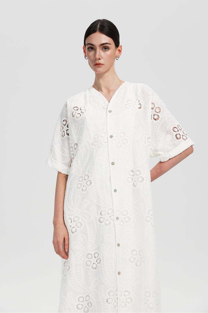 Celestia Lace Button-Down Midi Dress
