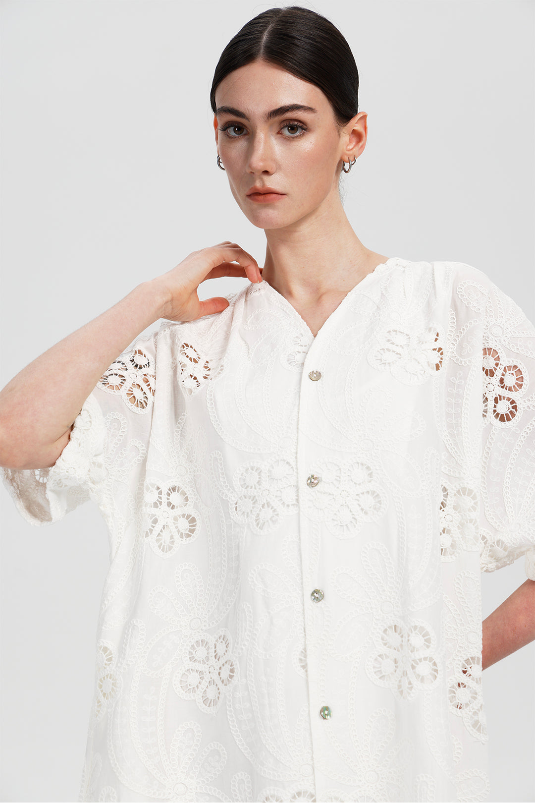 Celestia Lace Button-Down Midi Dress