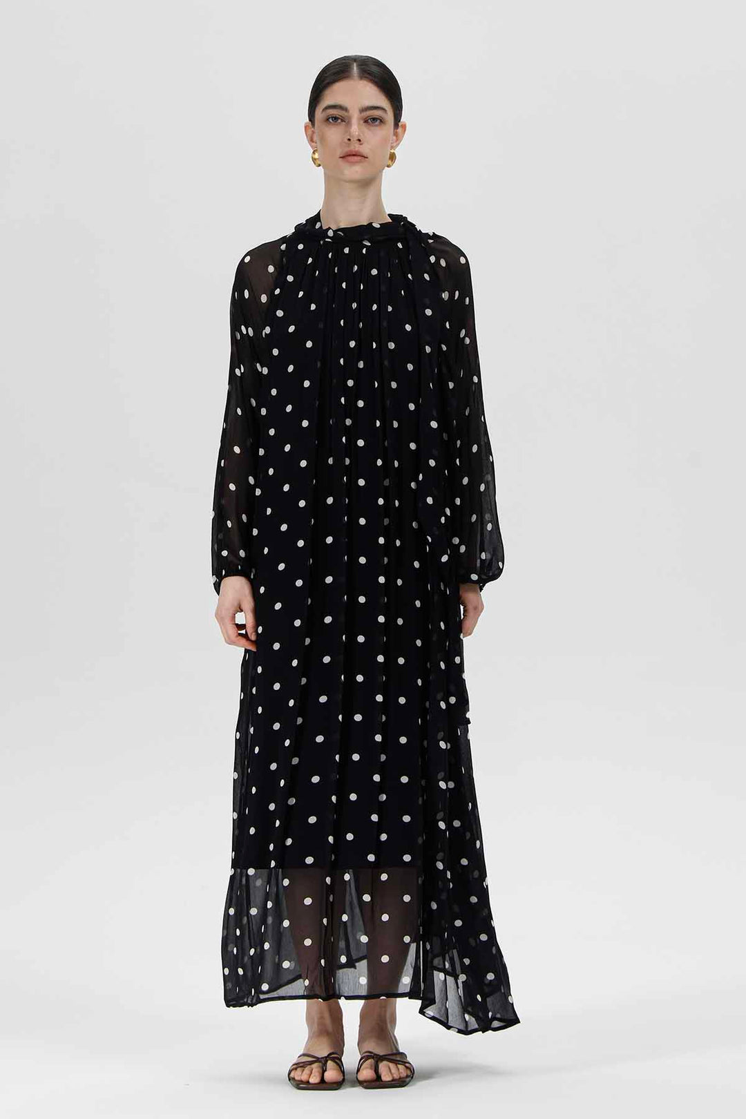 silk polka dot maxi dress MORANE Brown Satin Polka Dot Romantic Long Dress with Puffy Sleeves Maisoncleo