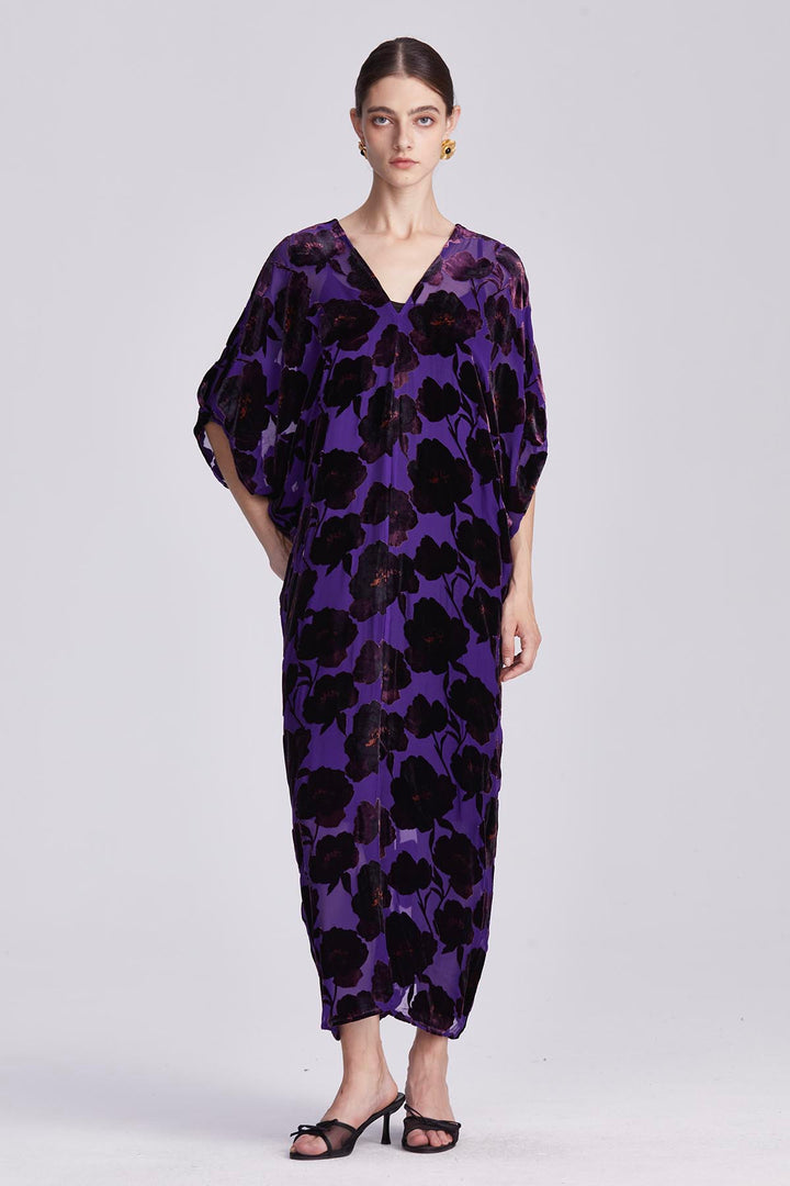 Elettra Relaxed Fit Floral V-Neck Velvet Dress