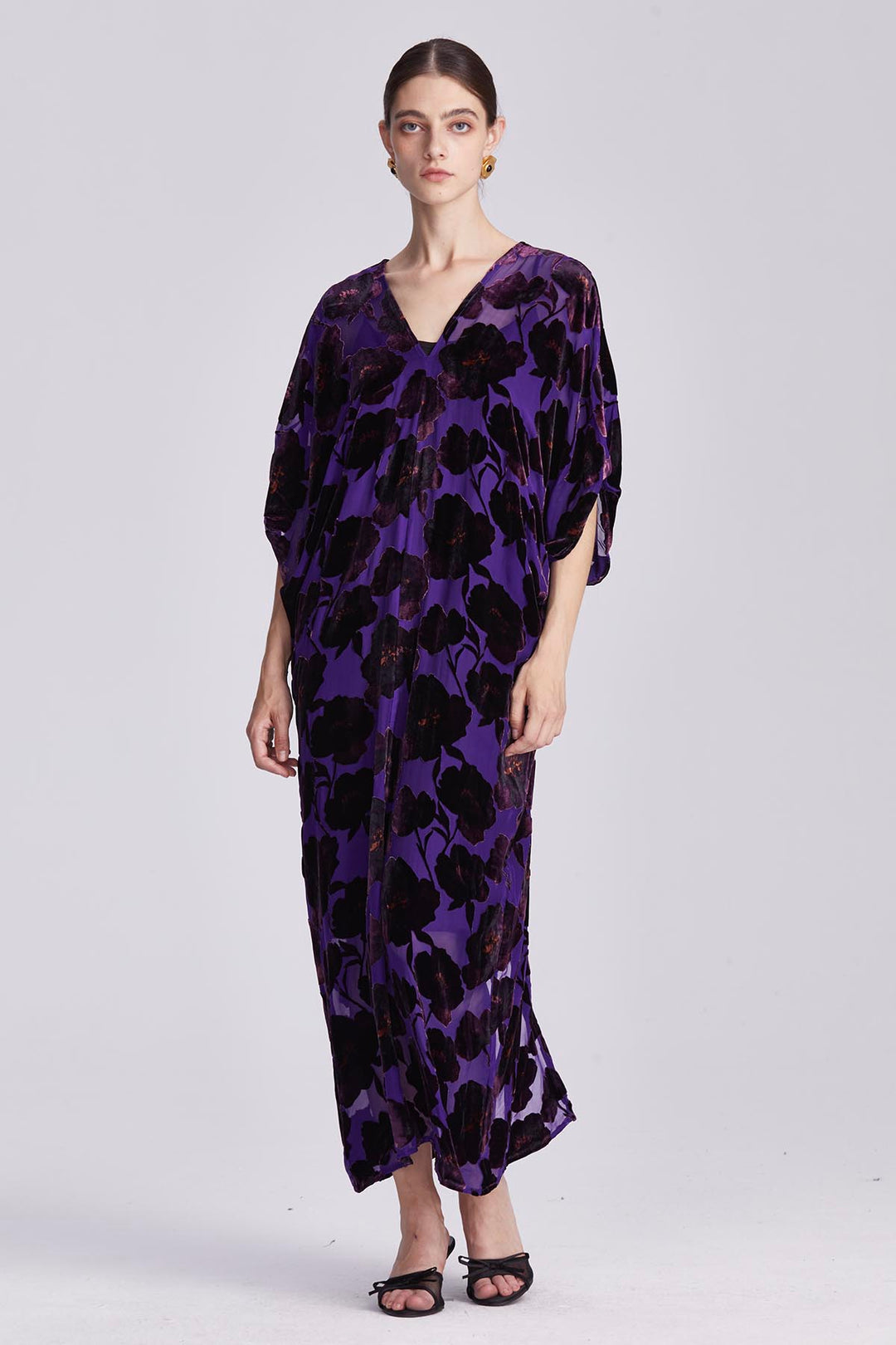 Elettra Relaxed Fit Floral V-Neck Velvet Dress