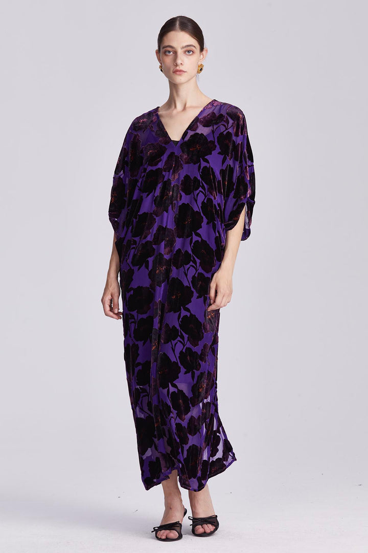 Elettra Relaxed Fit Floral V-Neck Velvet Dress