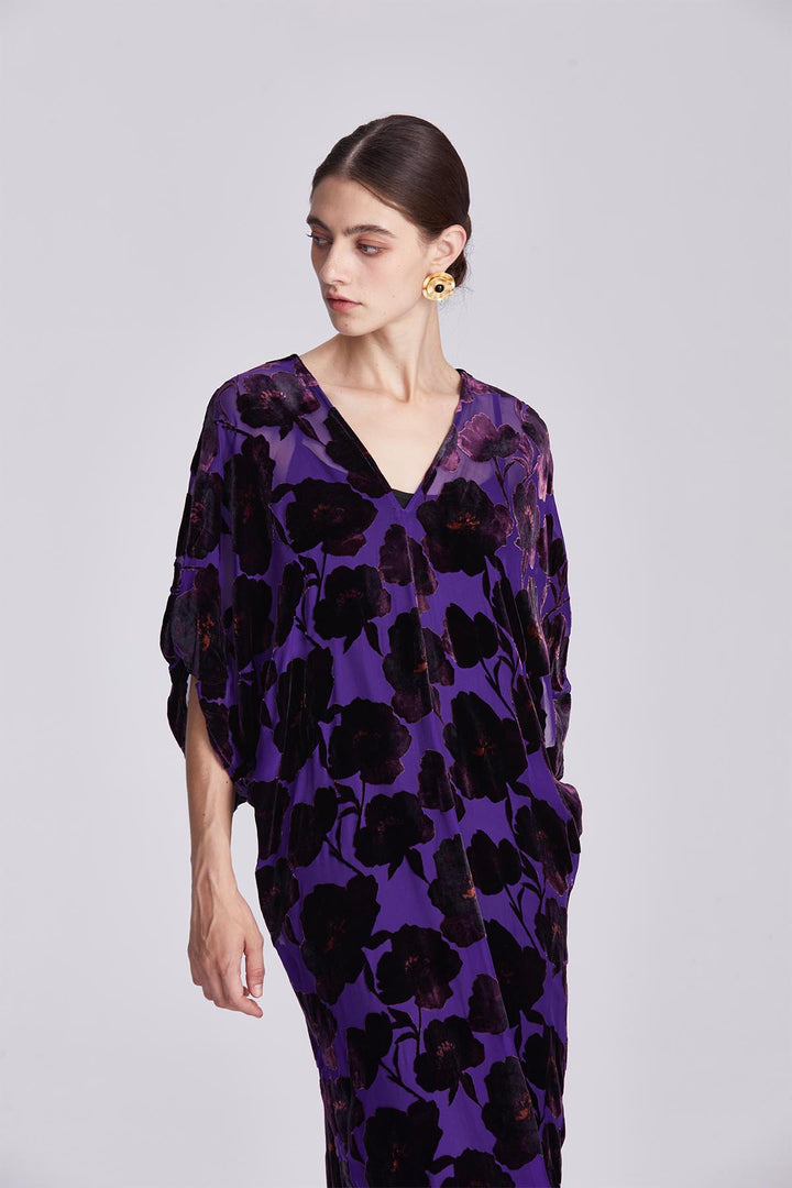 Elettra Relaxed Fit Floral V-Neck Velvet Dress
