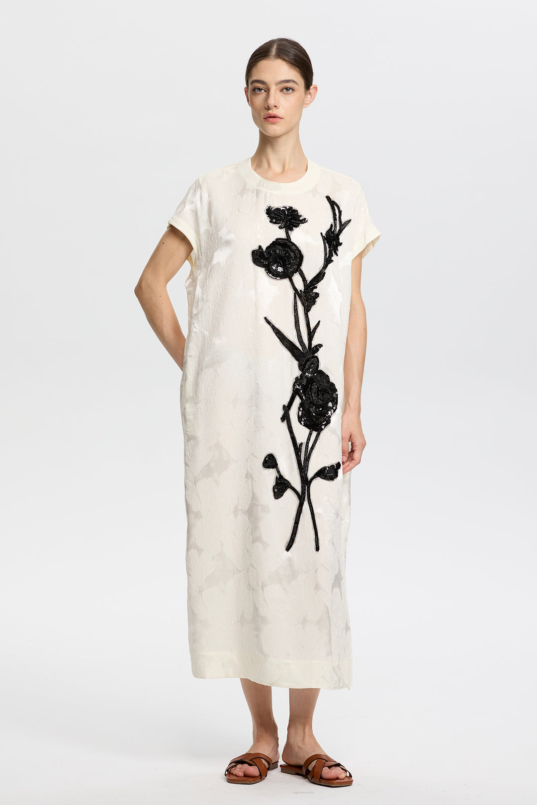 Elara Artisanal Ivory Dress with Black Beaded Flowers