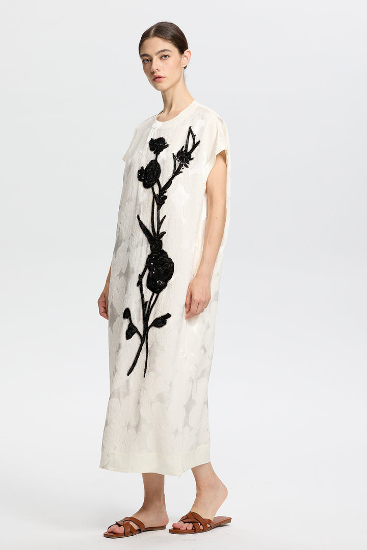 Elara Artisanal Ivory Dress with Black Beaded Flowers