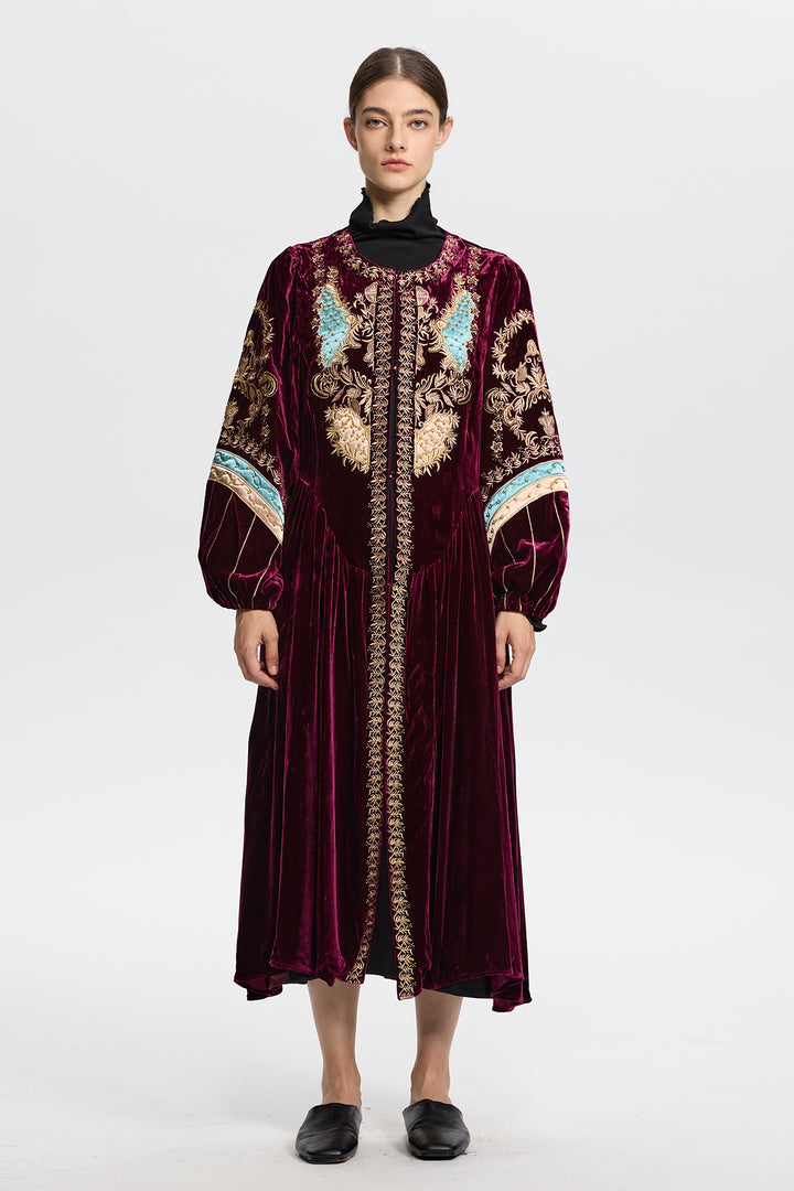 Eudora Ethnic Embroidery Velvet Long Coat