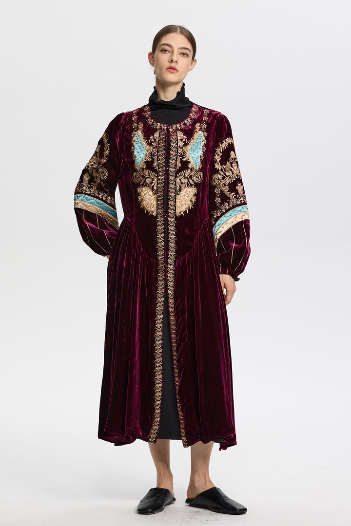 Eudora Ethnic Embroidery Velvet Long Coat