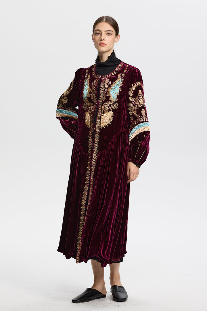 Eudora Ethnic Embroidery Velvet Long Coat
