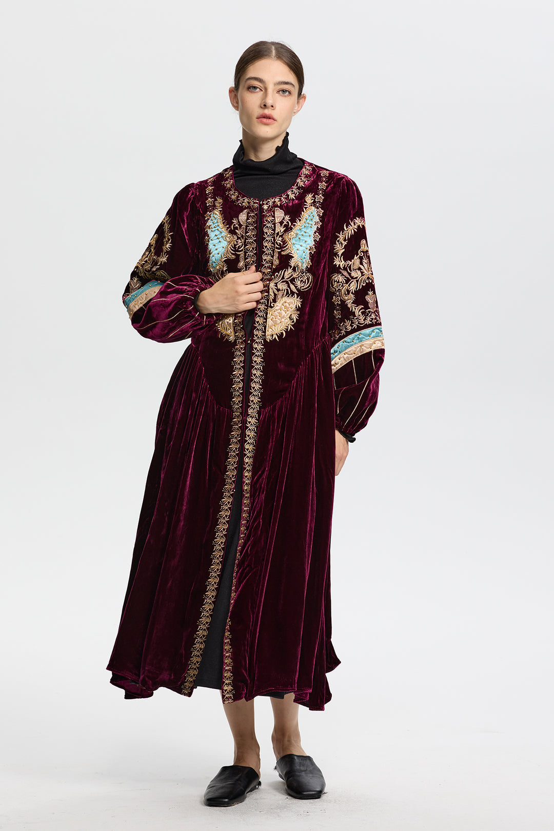 Eudora Ethnic Embroidery Velvet Long Coat