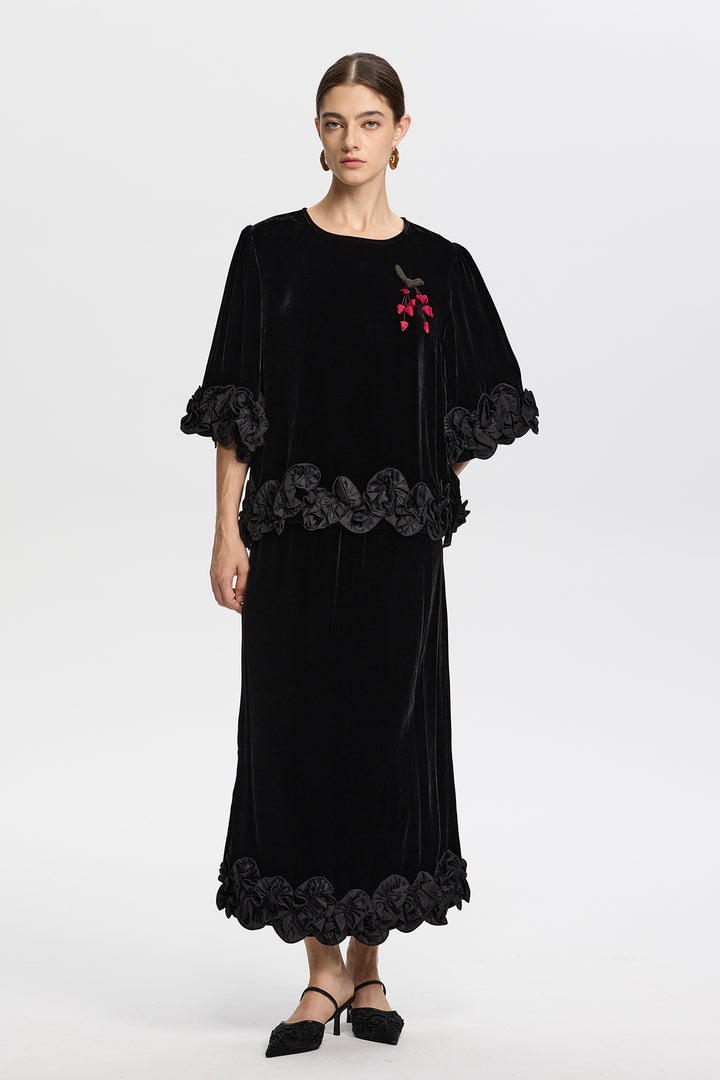 Victoria Black Velvet Set with 3D Floral Hemline