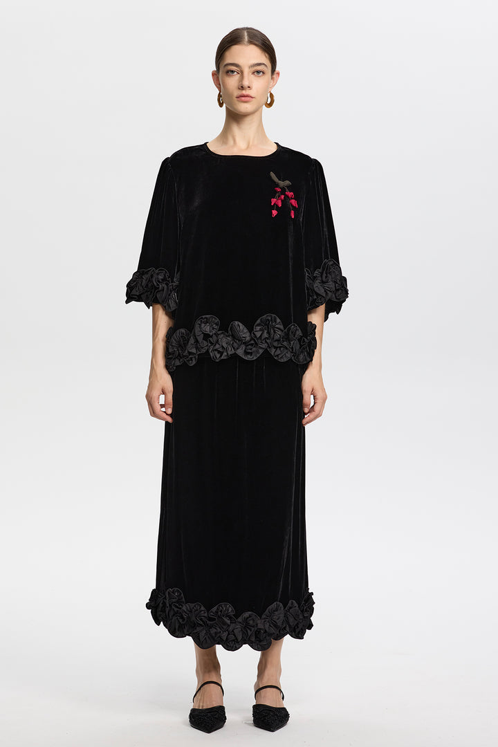 Victoria Black Velvet Set with 3D Floral Hemline