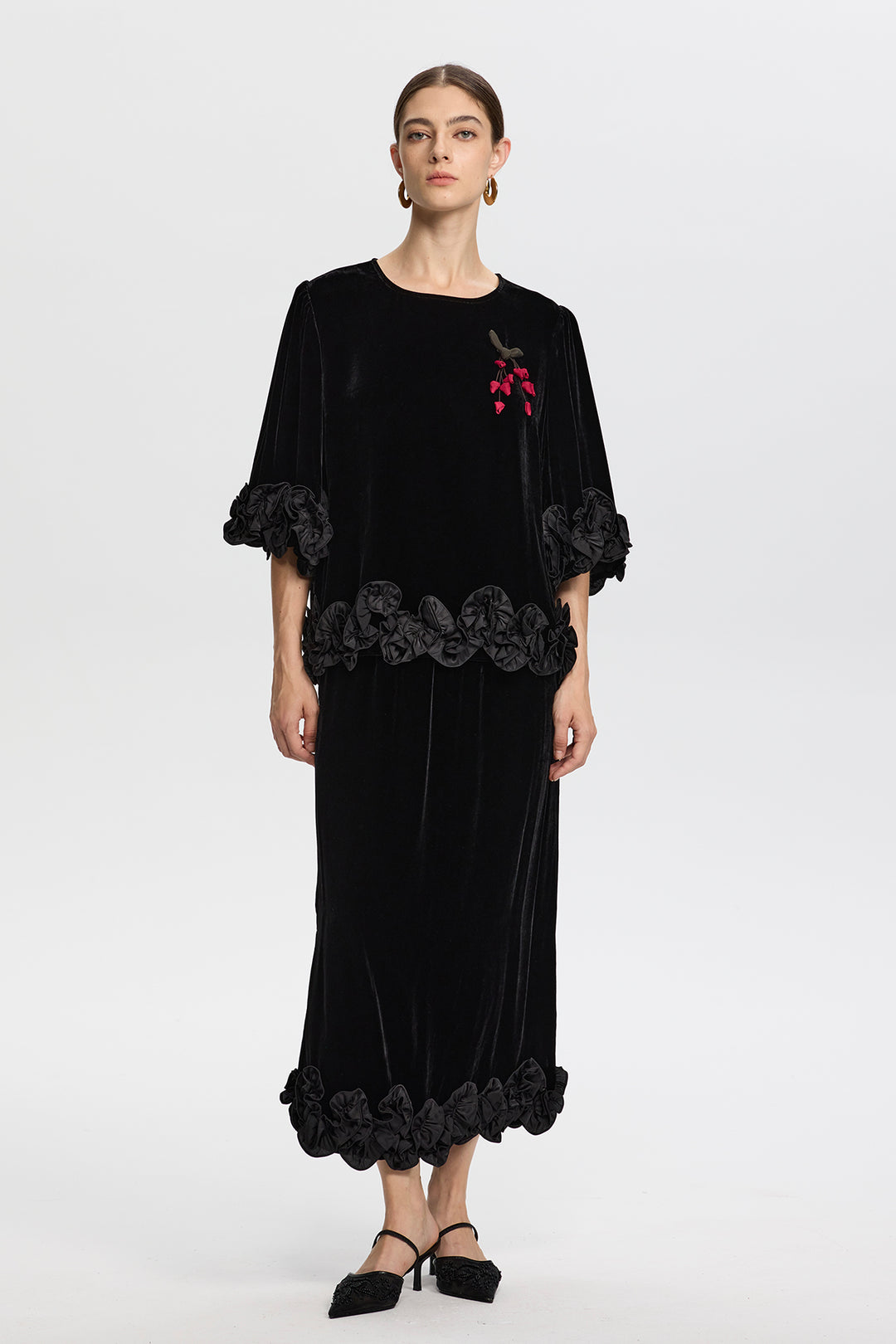 Victoria Black Velvet Set with 3D Floral Hemline