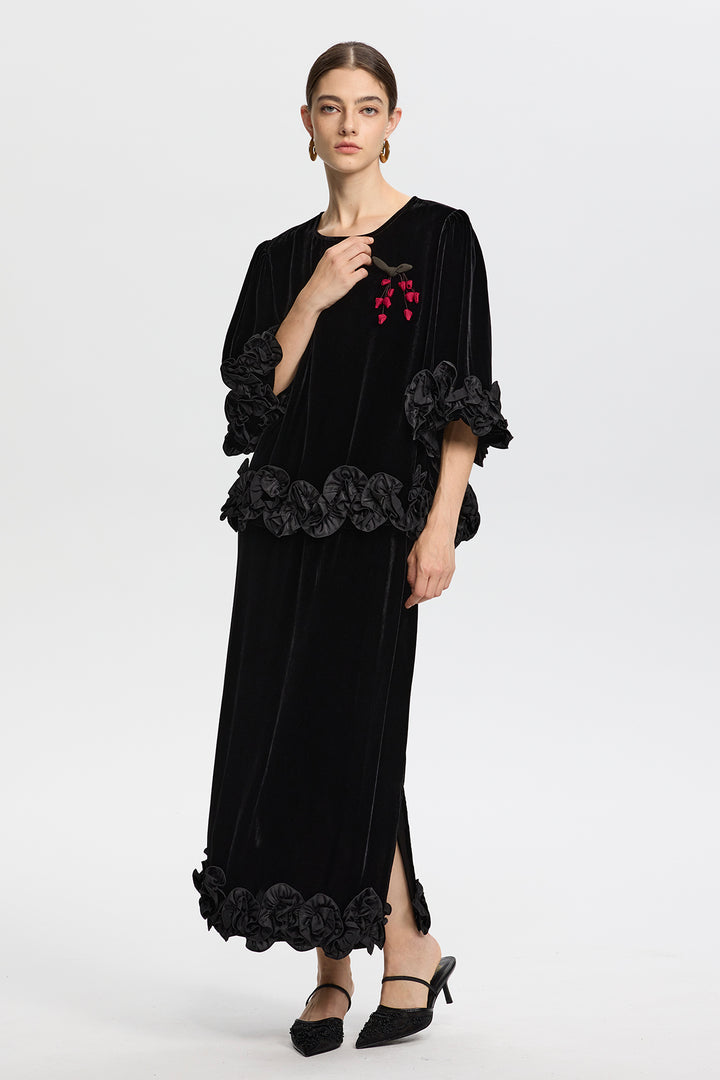 Victoria Black Velvet Set with 3D Floral Hemline