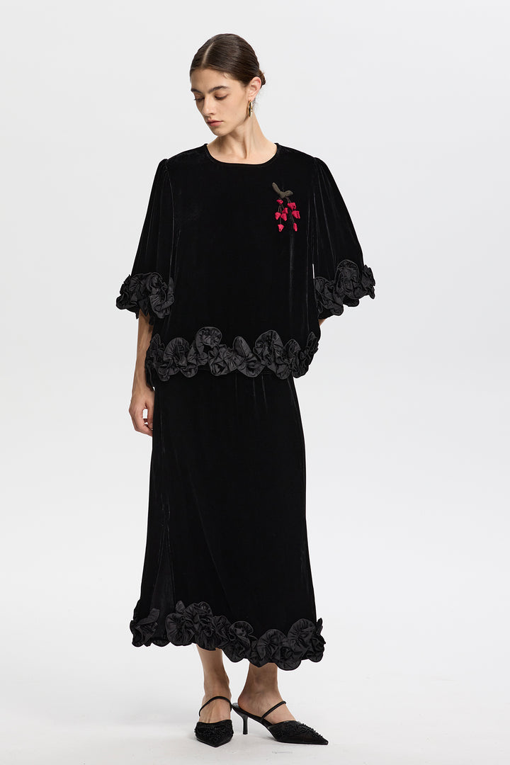 Victoria Black Velvet Set with 3D Floral Hemline