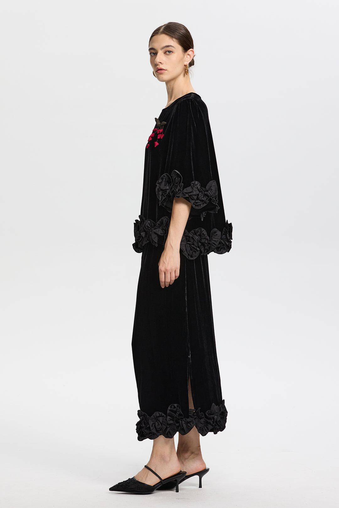 Victoria Black Velvet Set with 3D Floral Hemline