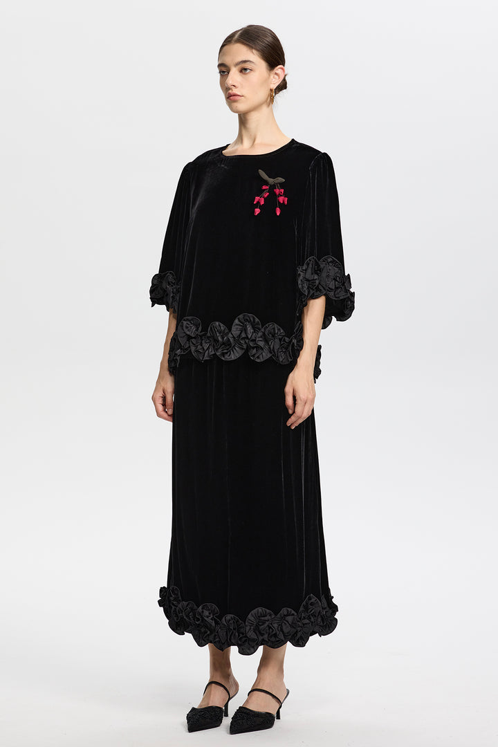 Victoria Black Velvet Set with 3D Floral Hemline