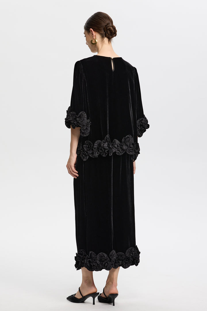 Victoria Black Velvet Set with 3D Floral Hemline