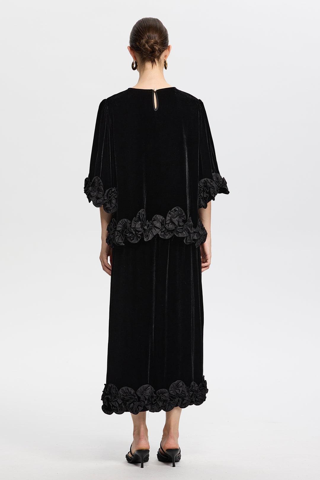 Victoria Black Velvet Set with 3D Floral Hemline