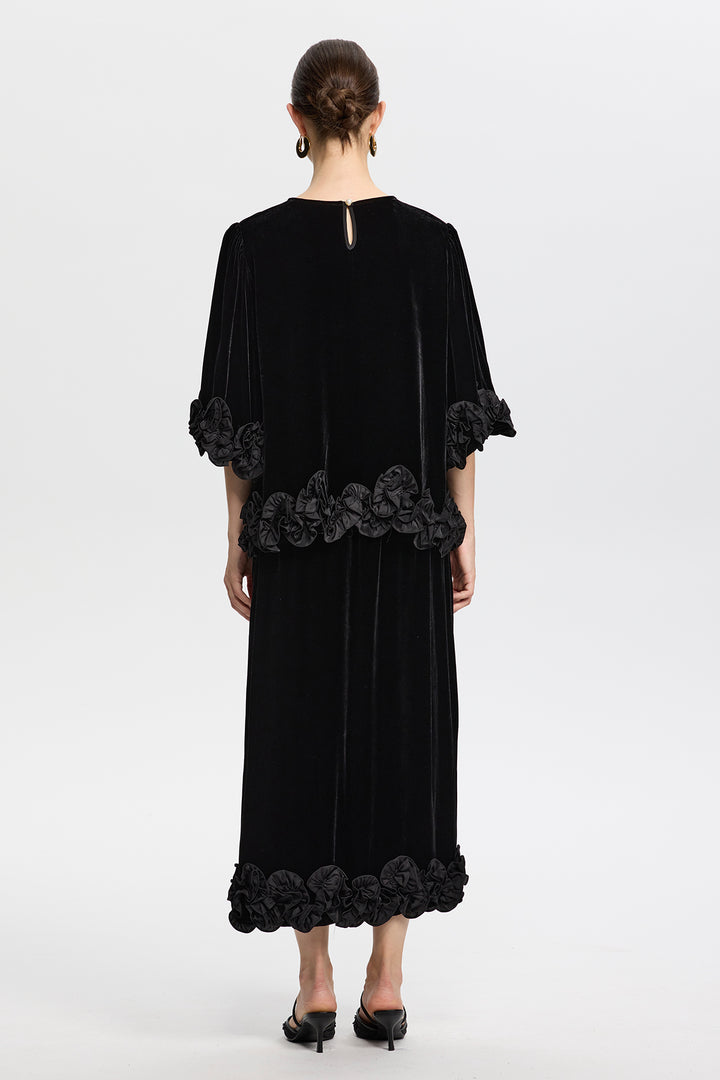 Victoria Black Velvet Set with 3D Floral Hemline