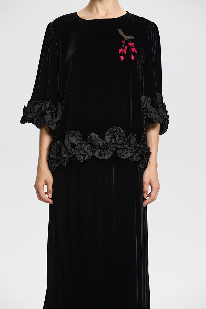 Victoria Black Velvet Set with 3D Floral Hemline