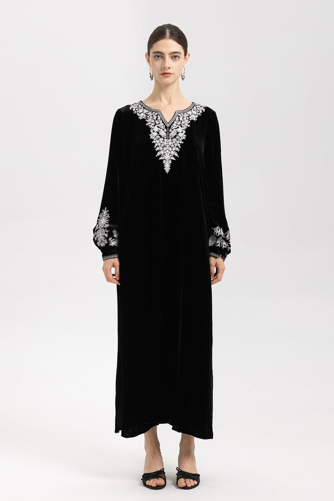 Noir Velvet V-Neck Embroidered Maxi Dress, Black / XL Noir Velvet V-Neck Embroidered Maxi Dress, Black / XL