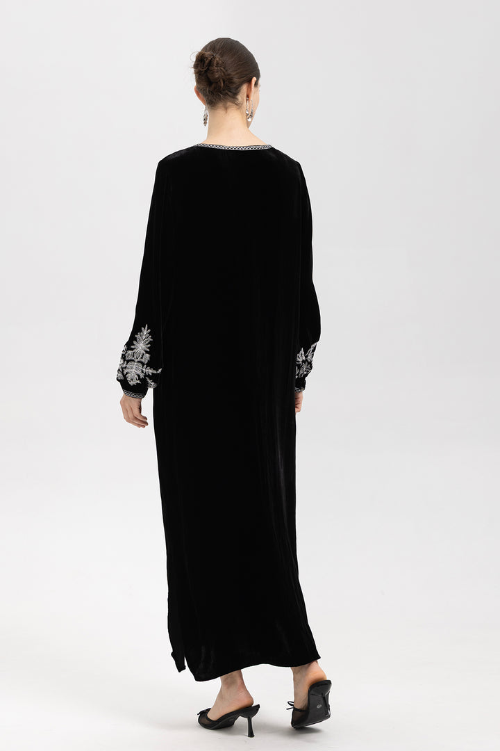 Noir Velvet V-Neck Embroidered Maxi Dress